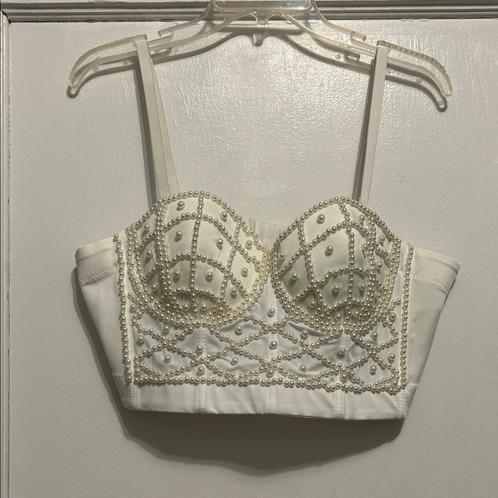 Pearl Embellished White Bustier Crop Top